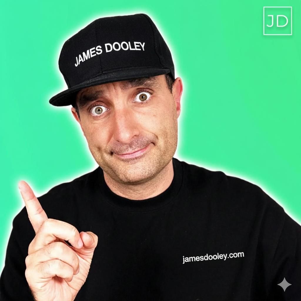 James Dooley wearing jamesdooley.com SEO merchandise with green background